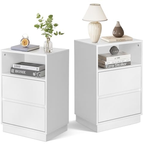 LEADZM Nachttisch 2er Set Nachttische 40x30x60 cm Weiß | mit 1 offenem Fach und 2 Schublade, Nachtschrank für Schlafzimmer, Beistelltisch für Schlafzimmer und Wohnzimmer