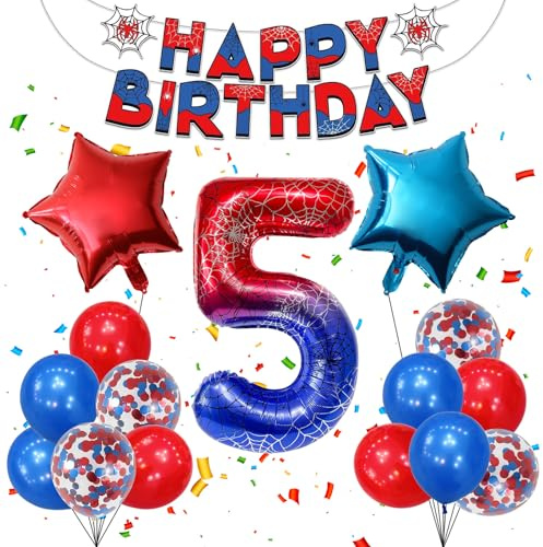 Spinnen-Motiv Luftballons Set, Spider Geburtstagsdeko 5 Jahre | mit Folienballon Zahl 5, Banner Wimpelkette, Sternfolienballons, Rote Blaue Latex & Glitzerballons, für Kinderparty