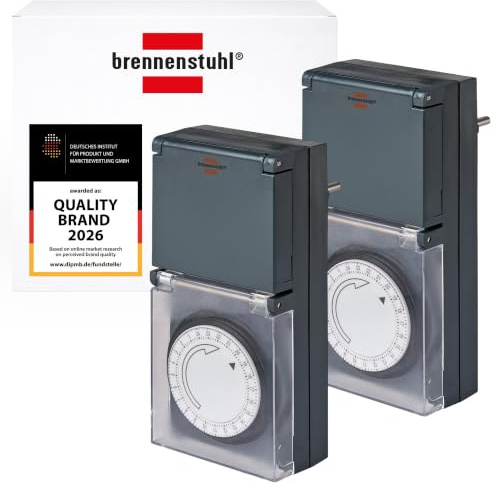 Brennenstuhl 2er Set Zeitschaltuhr MZ 44, mechanische Timer-Steckdose | Tages-Zeitschaltuhr, IP44 geschützt, mit erhöhtem Berührungsschutz & Schutzabdeckung, grau
