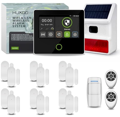 HUXGO® HXA502 Kabellose Alarmsystem WiFi + GSM 4G mit aussen Solar Sirene | Alarmanlage Haus mit 1x PIR-Bewegungsmelder, 12x Fensteralarm/Türsensoren | Mit Tuya Smartlife | Smart Home Security