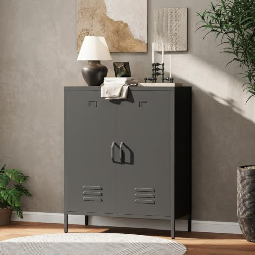 WOOW DEPOT 3 Fächer Metallkommode, 100x80x38cm, Stahl Schrank Kommode mit Doppeltür, Verstellbarer Einlegeboden, Industrial Mehrzweckschrank für Wohnzimmer & Flur, Schwarz