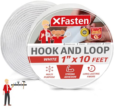XFasten Klebeband, weiß, 1 Zoll x 10-Fuß (25,4 mm x 3,04 m) Doppelseitiges Klettband mit klebriger Rückseite für Textilien, Werkzeuge, Gartenbeete
