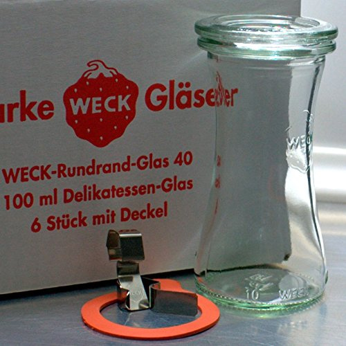 6 Stück Weck Delikatessen - Glas 100ml / RR40 mit Glasdeckel, Ringen und Klammern im Original Karton (Mit Glasdeckel, Ringen und Klammern)