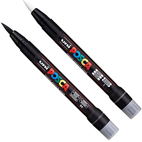 POSCA Uni PCF-350 - Rotulador de pintura con punta de pincel - Bolígrafo para tela, vidrio, metal - Conjunto en blanco y negro (1 de cada uno)