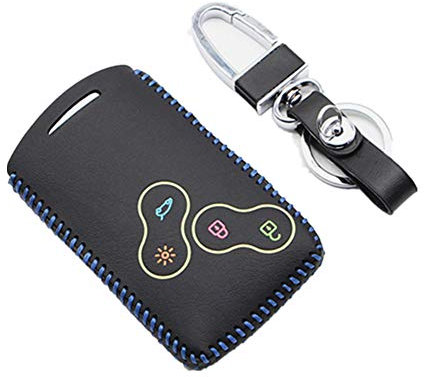 Happyit Cas de Couverture de Clé de Voiture en Cuir Porte-clés pour Renault Clio Scenic Mégane Duster Sandero Captur Twingo Koleos 4 Boutons Télécommande (Ligne Bleue)