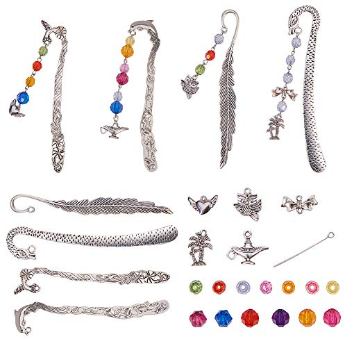 SUNNYCLUE DIY 4er Set Metallhaken Lesezeichen Bastelset 4er Set Delphinblatt Drachen Vogel Lesezeichen, Bunte Perlen, Herz/Baum/Flagon/Eule Charm Anhänger, Antik Silber