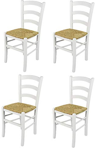 t m c s Tommychairs - Set 4 sillas Venezia para Cocina y Comedor, Estructura en Madera de Haya barnizada Color Blanco y Asiento en Paja