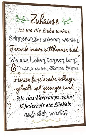 GRAVURZEILE Holzschild mit Spruch - Zuhause ist wo die Liebe wohnt - Moderne Kunstdrucke auf Holz - Wand Dekoration im Vintage-Look Kunstdruck für Familie Freunde in Küche Home & Co