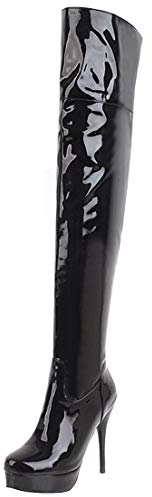 LUXMAX Donna Stivali sopra al Ginocchio Tacco a Spillo Alto Sexy Plateau Scarpe di Vernice con Cerniera (Nero) - 45 EU