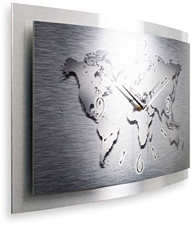 Kreative Feder 3D Designer-Wanduhr Weltkarte in modernem Metallic-Design; leise Funkuhr mit glänzendem Motiv wahlweise in Zwei Größen (Weltkarte, 80x40cm; leises Funkuhrwerk)