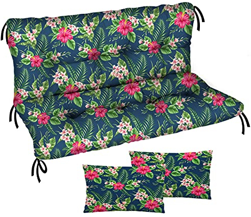 Ferocity Auflage für Hollywoodschaukel 120x50x50 Gartenbankauflage und 2 Kissen Palettenauflage Bankauflage Sitzkissen und Rückenkissen Polsterauflage Matratze Gartenpolster, Palm Dunkel Blumen [133]
