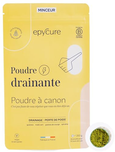EPYCURE - Poudre Drainante - Détox, Contrôle du Poids, Coupe-Faim Naturel - 100% Naturel - Guarana, Maté Vert, Spiruline - 1 Mois - Sans Lactose, Sans Gluten - Fabriqué en France