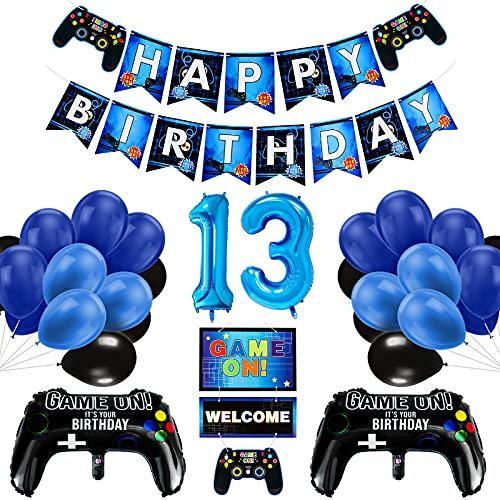 Vubkkty 13th Birthday Decorations for Boys, Gaming Party Decorations Supplies Set, Controller Balloons and Blue Black Balloons, HAPPY BIRTHDAY GAME ON WELCOME Hanging Banner for Boys