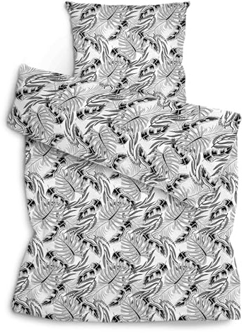 Amilian Bettwäsche Set 2-teilig 135x200 cm + 80x80 cm - 100% Baumwolle, weich, pflegeleicht, für Kinder; Jugendliche; Erwachsene - modernes Design - Monstera Grau