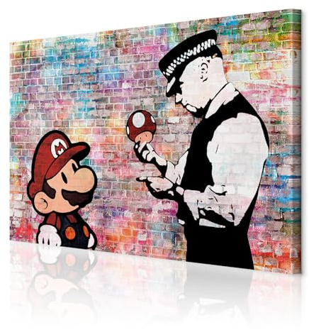 decomonkey Akustikbild Mario and Cop Banksy 120x80 cm 1 Teilig Leinwand | Modern, Bilder, Wandbilder XXL, Schallschlucker, Schallschutz, Akustikdämmung, Wandbild, Deko, Leise, Street Art, Ziegel