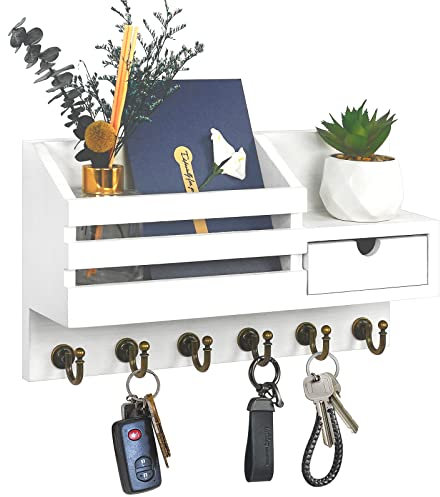 FifthQuarter Schlüssel- und Briefhalter für Wand, Post-Organizer, Wandhalterung mit 6 Haken und Aufbewahrungsschublade, einfache Installation, Schlüsselbrett für Eingangsbereich und Heimdekoration