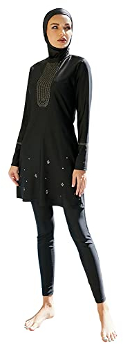 Burkini Damen Muslim Muslimische Badeanzug Frauen Langarm UV Schutzkleidung Badeshirt Lang Tops+Schwimmhose+Badekappe Hijab 3tlg Islamisch Schwimmanzug Jilbab Ganzkörper Modest Bademode 13#Schwarz XL