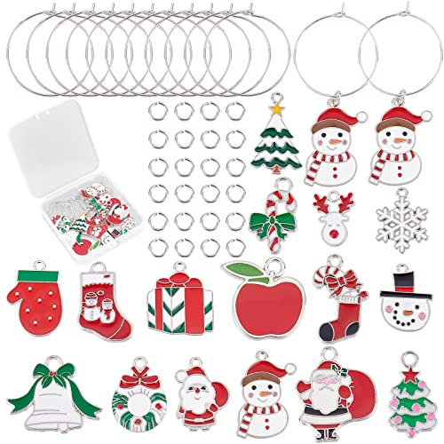 SUNNYCLUE 1 Box 16 Set Christmas Wine Glass Markers Charms Wine Glass Markers for Stemless Glasses Identifiers Christmas Enamel Charms Snowflake Snowman Jingle Bell Santa Claus Xmas Party