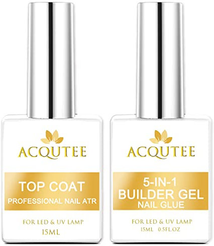 ACQUTEE 2PCS 15ml Builder Gel Top Coat Colles pour Ongles Base Gel Pour Pose Américaine Ongles Capsules, Nail Extend Durcissement, Nail Glue en Résine