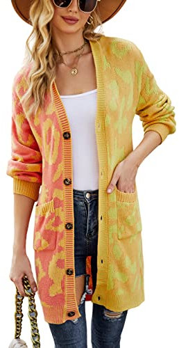 HEYPORK Damen Herbst Winter Warm Bequem Jacke Casual Mode übergangsjacke Mantel Frauen Leopardenmuster Pullover Strickpullover Strickjacke Mittellange Jacke(Gelb, M)