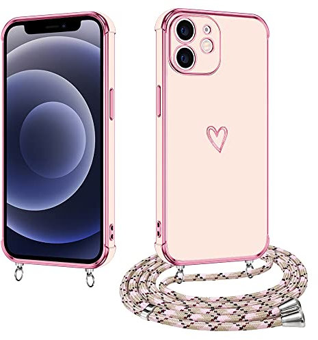 E-Lush Cover con Cordino per iPhone 12, Ultra Sottile Cuore Amore Elettrolitico Cover per Apple iPhone 12 6.1, Morbido TPU Silicone Custodia con Regolabile Collana Antiurto Protettiva Case, Oro Rosa