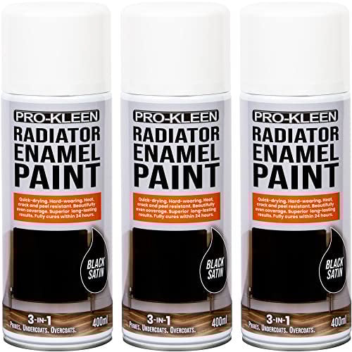Pro-Kleen Radiator Enamel Spray Paint Black Satin 3 x 400ml - Heat Resistant up to 100ºC - For Radiators, Hot Pipes, Water Tanks & More - Fast Drying & No Primer Needed