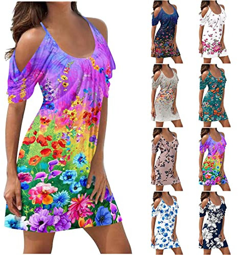 Susenstone Robes De Plage Femmes D'épaule Froide Robe Midi Imprimé Floral Élégant À Manches Courtes Réservoir Décontracté Boho Sexy Mariée Vacances Cocktail #07 Violet