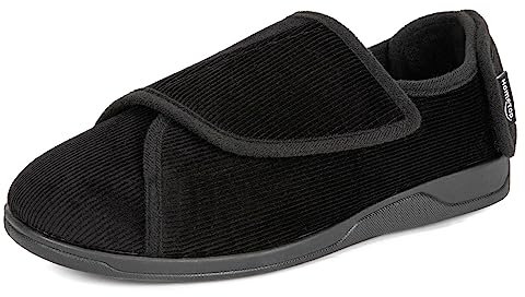 HomeTop Herren Cord Hausschuhe Bequem Verstellbar Haken und Schlaufe Memory Schaum Extra Breit Innen Pantoffeln für Diabetiker Senior mit Ödem Geschwollene Füße Schwarz, 43 EU