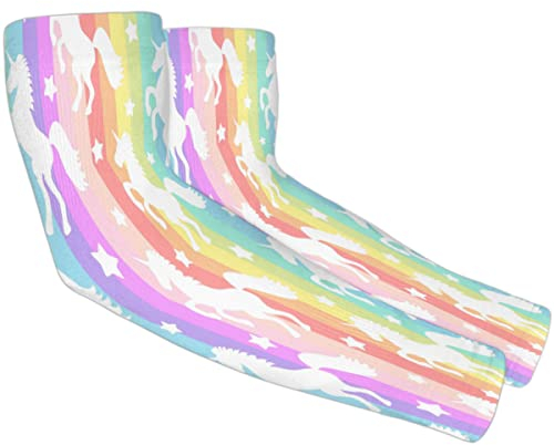 FJAUOQ Armstulpen mit Regenbogen- und bunten Pferden, mit Daumenloch, Gartenarbeitsärmel, UV-Sonnenschutz, Armstulpen für Damen und Herren