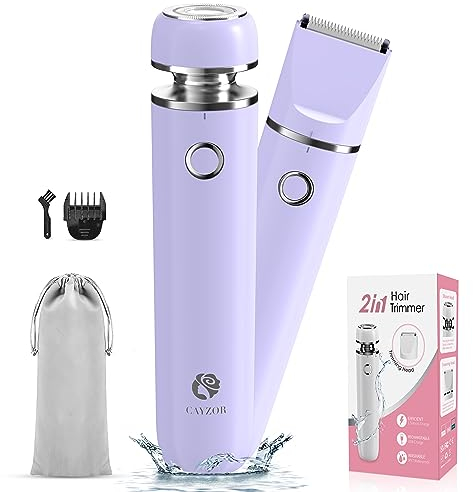 Cayzor Rasoir Electrique Femme – Tondeuse électrique 2 en 1 pour bikini humide/sec, sans fil, étanche, rasoir pour le visage, le haut, les lèvres, le menton, les aisselles, les jambes (violet)