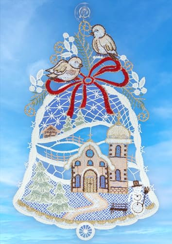 Plauener Spitze Fensterbild Weihnachten Glocke 26 cm Weihnachtsdekoration Fensterdekoration Fensterschmuck Farbig mit Saugnapf