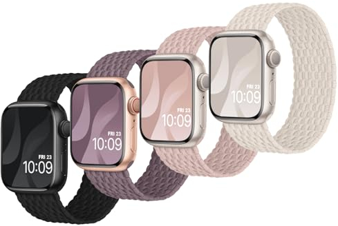 Finoriss Solo Loop Armband Kompatibel mit Apple Watch 45mm 44mm 42mm, Geflochten Dehnbar Nylon Stoff Band für Apple Watch 9 8 SE 7 6 5 4 3 2 1, 4er Packung
