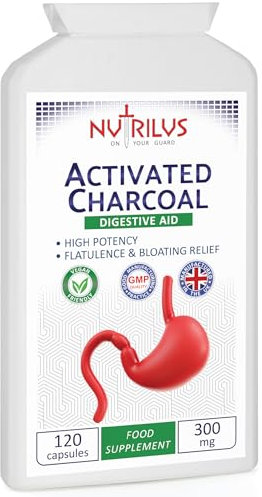 Nutrilus Activated Charcoal 120 Capsules 300mg - High Potency - No Binders & Fillers - Digestive Aid - Flatulence Relief - UK Made Vegan Supplement