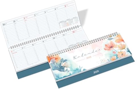 PRIMUS PRINT Tischkalender 2025 Quer Wochenkalender – Terminkalender und Jahreskalender – 297x130mm, 75g Naturpapier, 64 Seiten, Drahtkammbindung, Feiertage und Schulferien - [Einzeln - Blumen]