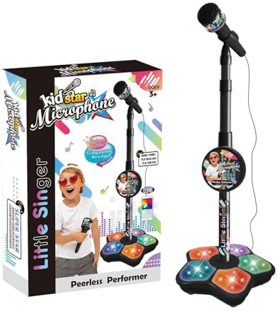 1 lot de pieds de microphone pour enfants – Microphone chantant, machine de karaoké avec lumières | Microphone musical pailleté sur pied, microphone réglable en hauteur avec support de micro réglable