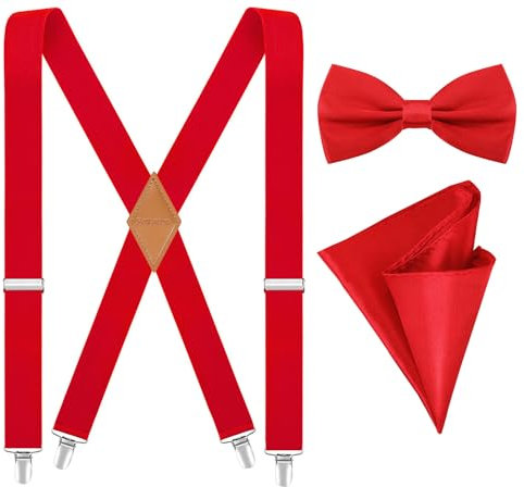 Fevaeno Hosenträger für Herren Breit 3.5cm mit Metal Clips Einstellbar und Elastisch Einheitsgröß Hosenträger Fliege Einsteckuch Set X-Rot