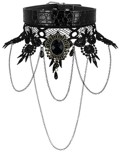 JewelryWe Gothic Halsband Leder Choker: Punk Schwarz Lederhalsband Spitze Anhänger Kette Vintage Tattoo Halsreif Kragen Halskette Damen Mädchen Halloween Maskerade Karneval Schmuck Zubehör