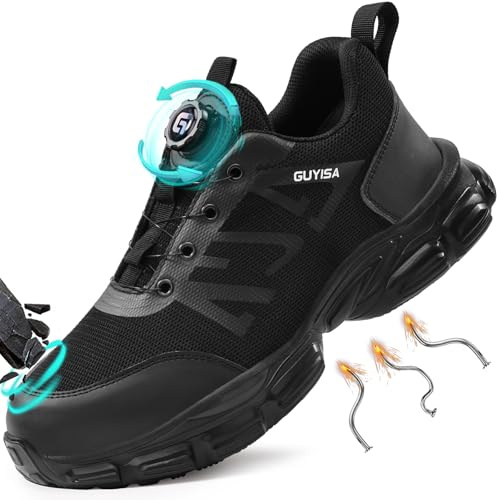 GUSAYEX Safety Trainers Men Steel Toe Cap Trainers Lightweight Safety Shoes Swivel Buckle Shoelace Comfortable Work Trainers Laceless Work Boots Men Rotary Button Steel Toe Cap Shoes Size 9