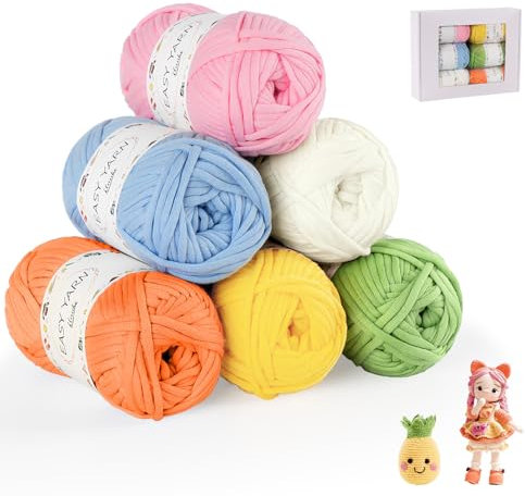 ilauke Chunky - 6 gomitoli di filato per principianti, 6 x 50 g, in cotone per uncinetto, per principianti all'uncinetto e a maglia, bianco, giallo oca, rosa, profumo verde, rosso, azzurro