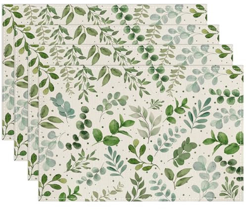 Grün Blätter Platzsets 4er Set Frühling Eukalyptus Tischsets abwaschbar Platzsets 30x45cm Dekor für Küche, Restaurant, Bauernhaus, Urlaub, Party