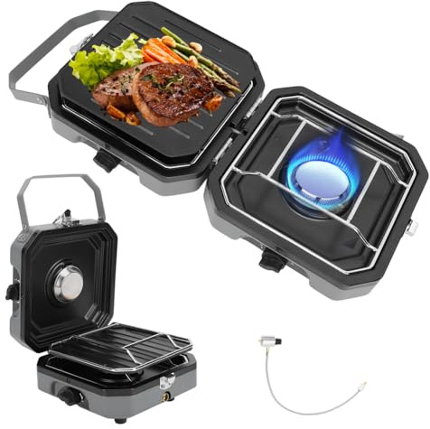 Réchaud de Camping, Réchaud de Camping à 2 Brûleurs, Réchaud à Gaz Pliable, Camping Réglable pour une Utilisation Extérieure et Intérieure avec 2 Brûleurs et Plaque de Grill