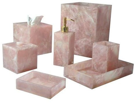 Rosenquarz Badeset I Quarz-Baumwollkugelhalter Set von 7 Teilen I Rosenquarz-Handtuchablage I dekoratives Bad-Set I Quarz-Handwaschpumpe