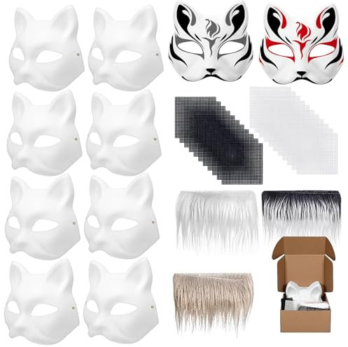 TINA.WIN 10 Pezzi Maschera Gatto Therian Con Striscia Di Lana Mesh Mash Maschera，Gatto Therian Mask，Maschere Dipinte，Per Diy Cosplay，Feste Halloween