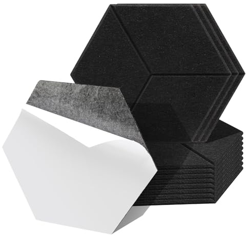 Fiqops 12er Hexagon Akustikplatten Selbstklebend Schwarz Hohe Dichte Akustikpaneele Platzsparend Schallabsorber für Wanddekoration und Schallschutz,Studio und Home Deko (30x26x0.9cm)