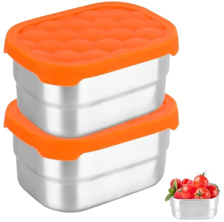 Huipalon Snackbehälter für Kinder, leicht zu öffnen, kleine Snackbox mit Silikondeckel, stapelbare Edelstahl-Snacktöpfe mit Deckel, für Kindertagesstätte und Schule, 237 ml, 2 Stück