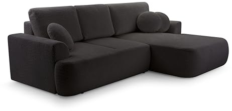 FurniShop24 Ecksofa mit Schlaffunktion und praktischem Bettkasten - Gepolstertes Schlafsofa 260x168 cm mit Weichen Kissen, Eckcouch Velo Schwarz