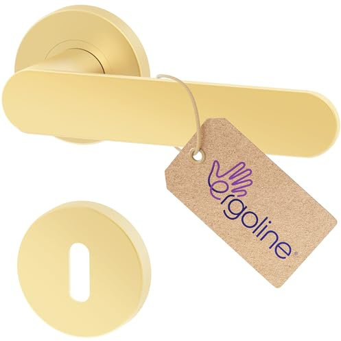 ERGO line PRIMA Poignée de porte d'intérieur, dorée, pour portes d'intérieur à clé, paire de poignées de porte sur rosaces rondes, or mat, garnitures de porte, poignée