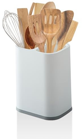 Kaket Kitchen Utensil Holder 2 Compartmens, Kitchen Utensil Organiser, Countertop Cutlery Drainer, for Spoons, Spatulas, Ladles, Forks and Other Utensils with Detachable Base White (White)