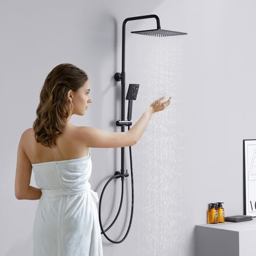Auralum Columna Ducha sin Grifo, Columna Ducha Negro con Rociador Ducha 25x25cm y Alcachofa de Ducha, Columna Ducha Ajustable 74-109cm