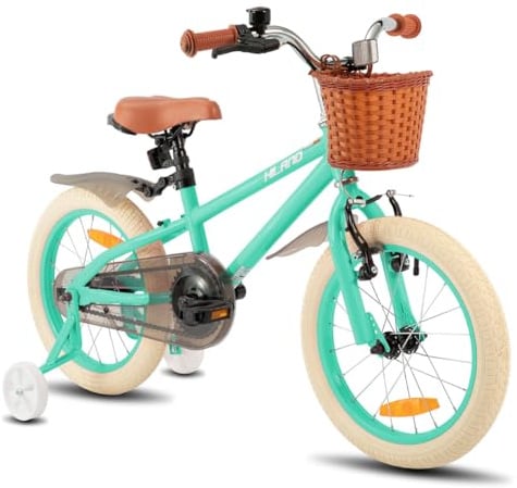 HILAND Spark Girls Bike 14 16 18 Inch, Kids Bicycle with Basket, Hand Brake & Coaster Brake, Girls Bike for 3-9 Years, Green/Pink
